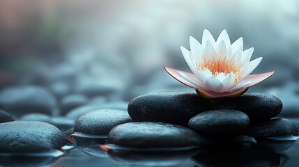 Fototapeta premium Serene lotus flower on black stones, peaceful meditation bloom with water reflection, Zen-inspired spiritual floral composition