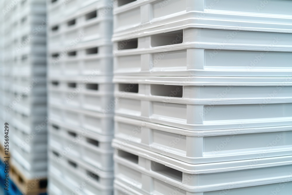 Poster a stack of white plastic pallets arranged neatly, showcasing their interlocking design and smooth su
