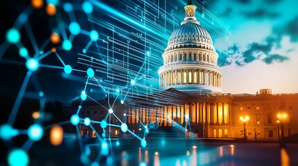 financial data, government building. A digitally enhanced image of the U.S. Capitol building at dusk, surrounded by a network of glowing lines, symbolizing technology and connectivity.