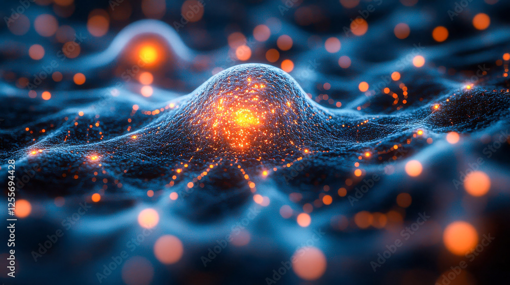 Poster digital abstract representation of a neural network with glowing nodes and interconnecting lines in 