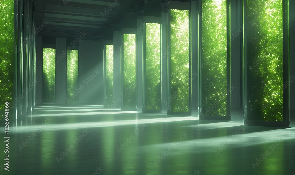 Aufkleber A serene corridor filled with soft light and greenery, creating a tranquil atmosphere of nature and architecture.
