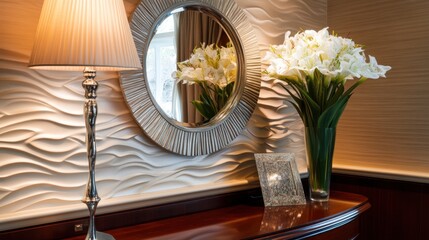 Modern entryway with a stylish console table, decorative mirror, and a chic vase with fresh flowers.