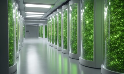 A futuristic lab corridor features tall, illuminated cylindrical containers filled with vibrant green plant life.
