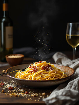 Savor the Flavor Delicious Pasta Dish with White Wine and Elegant Garnish Presentation
