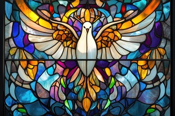 An elegant stained glass dove symbolizes the Holy Spirit, embodying peace and spiritual awakening, celebrated during Maundy Thursday and Palm Sunday