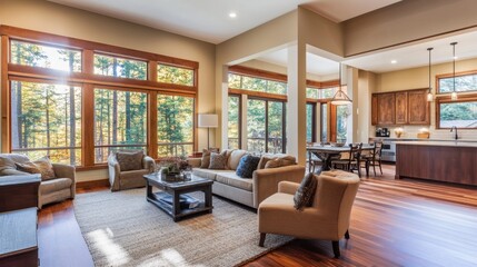Modern open-concept living space with large windows, cozy furniture, and a neutral color palette.