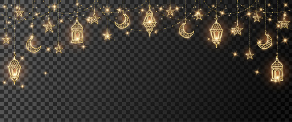 Ramadan or Al-Adha golden shiny decoration. Hanging lanterns, crescent, stars. Traditional islamic lamps, shiny border. Muslim holidays frame. Transparent background can be removed in vector format. © Olga Prozorova