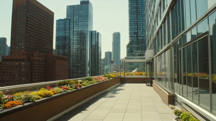 Modern rooftop garden featuring an eco-friendly vertical plant installation.