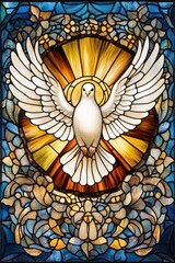 Obraz premium A dove, representing the Holy Spirit, emerges from a radiant background of stained glass, embodying peace and unity. This artwork reflects key Christian celebrations