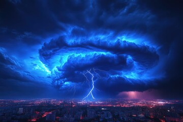 Dramatic lightning storm city skyline nature photography nighttime aerial view atmospheric power