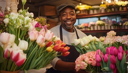 Florist Arranging Colorful Tulips and Flowers Joyfully in Shop
