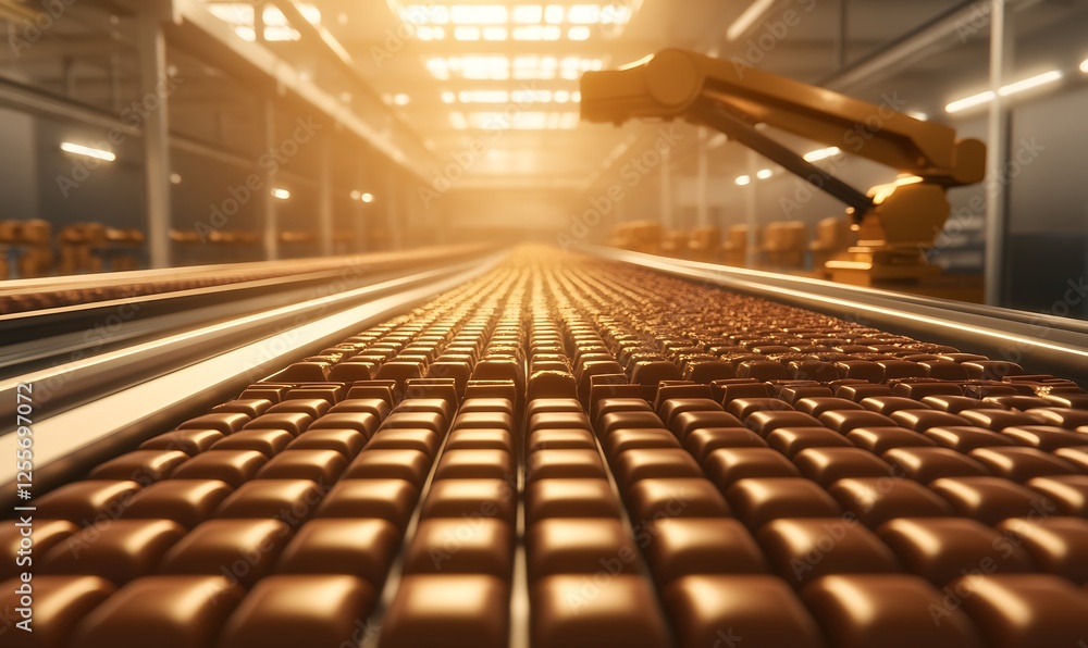 Aufkleber a factory interior featuring a conveyor belt loaded with chocolate bars and a robotic arm in a well-