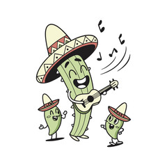 Funny Cinco de Mayo vector illustration of a Mexican cactus playing guitar