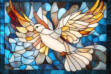 A stunning stained glass depiction of a dove in flight symbolizes peace and the Holy Spirit, capturing the essence of Maundy Thursday and Palm Sunday celebrations