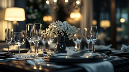 A stylish black-and-white themed dining table, with layered textures in the linens, monochrome ceramic plates, and delicate glassware, lit with soft overhead lighting,