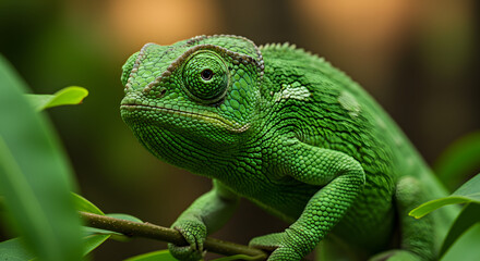 Fototapeta premium Green Chameleon on Branch in Forest