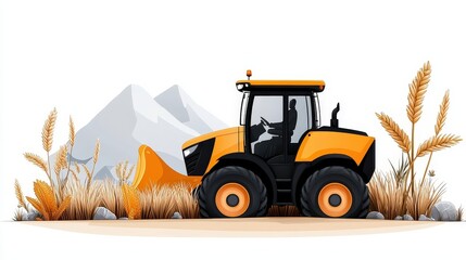 Orange Tractor Working in Agriculture with Mountains and Grass Background Ideal for Farming