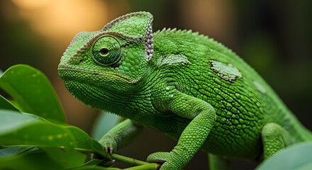 Obraz premium Green Chameleon on Leafy Branch in Nature