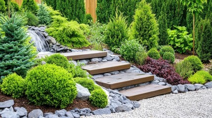 Peaceful backyard garden with a trickling waterfall, natural stones, and vibrant greenery.