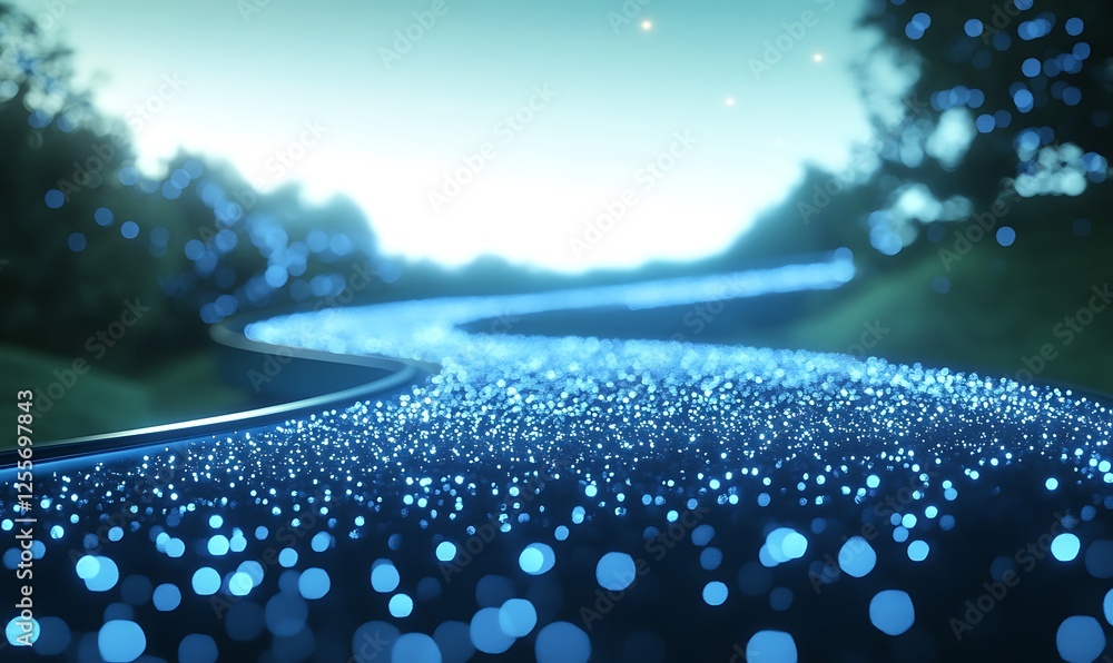 Aufkleber a glowing, winding pathway illuminated by sparkling lights, surrounded by lush greenery, creating a 