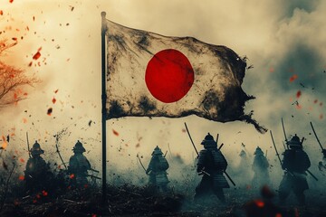 Ancient Japanese samurai flag flying beside a battlefield