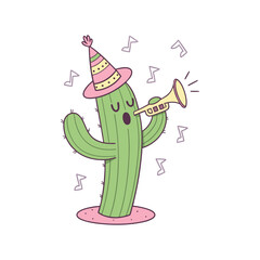 Funny Cinco de Mayo Cactus Playing Trumpet Vector Illustration