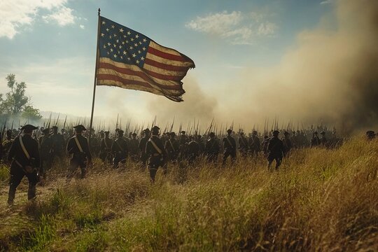Historic American flag with 13 stars flying over a battlefield
