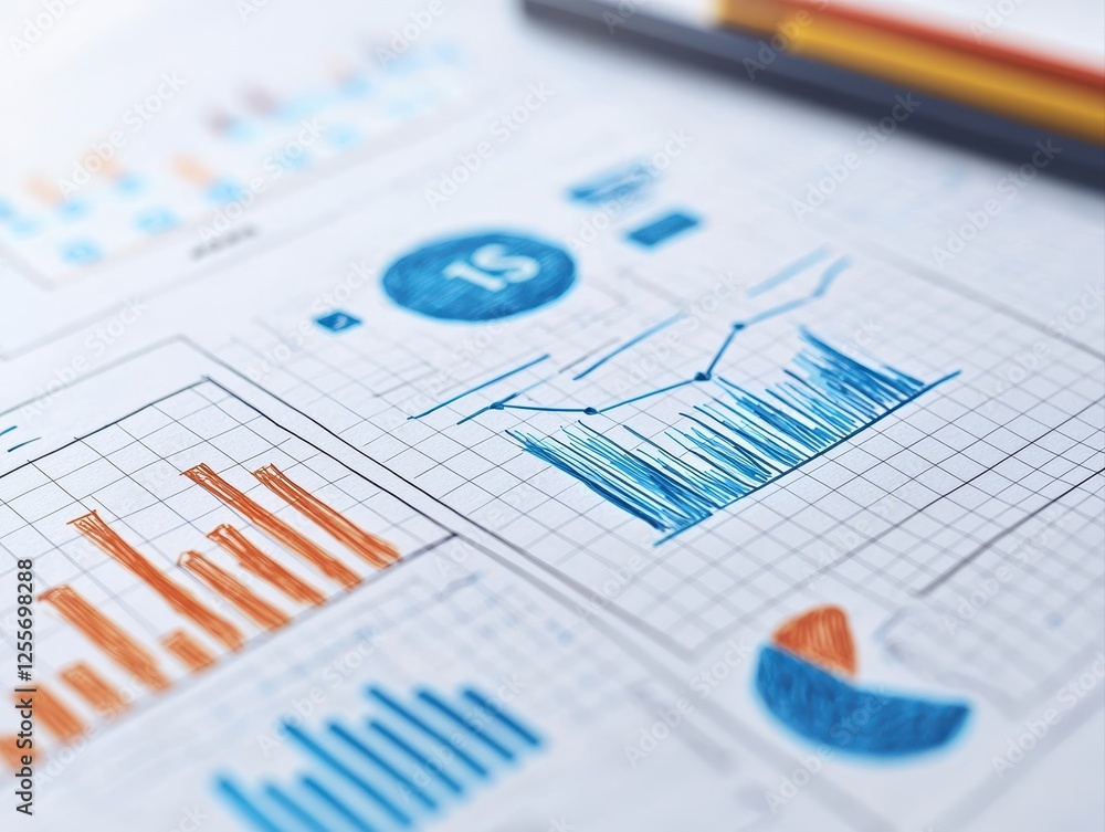 Poster a collection of colorful graphs and charts on paper, showcasing data analysis and trends with a pen 