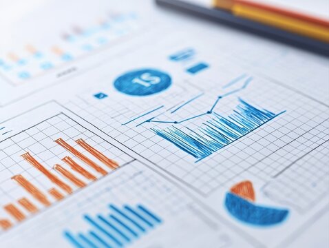 A collection of colorful graphs and charts on paper, showcasing data analysis and trends with a pen nearby.