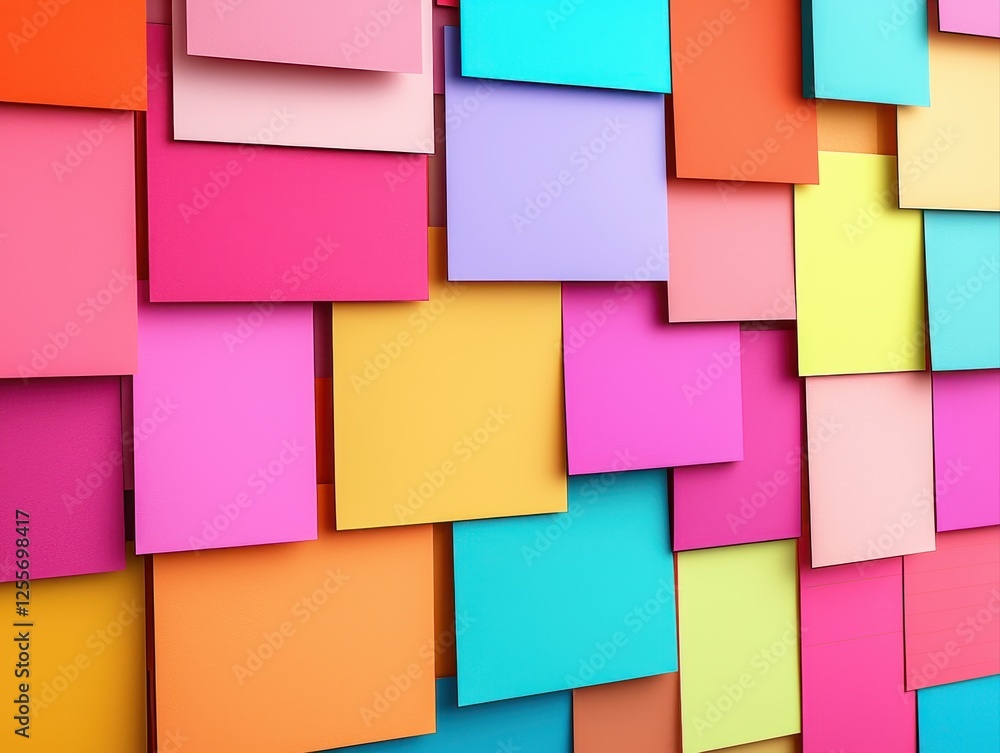 Poster a vibrant wall covered with colorful sticky notes in various shapes and sizes, creating a lively and
