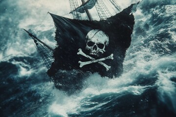 Naklejka premium A weathered pirate flag featuring skull and crossbones flying amidst a violent sea storm