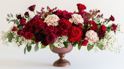 Obraz premium Romantic floral arrangement with deep red roses, carnations, and babys breath in a vintage vase.