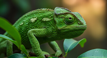 Obraz premium Green Chameleon on Leafy Branch in Forest Habitat