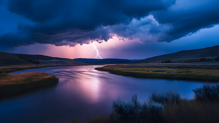 Fototapeta premium A winding river glowing under the flashes of a fierce lightning storm.