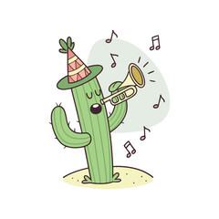 Funny Cinco de Mayo Cactus Playing Trumpet Vector Illustration