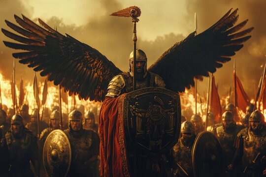 An eagle standard held by a roman soldier during battle
