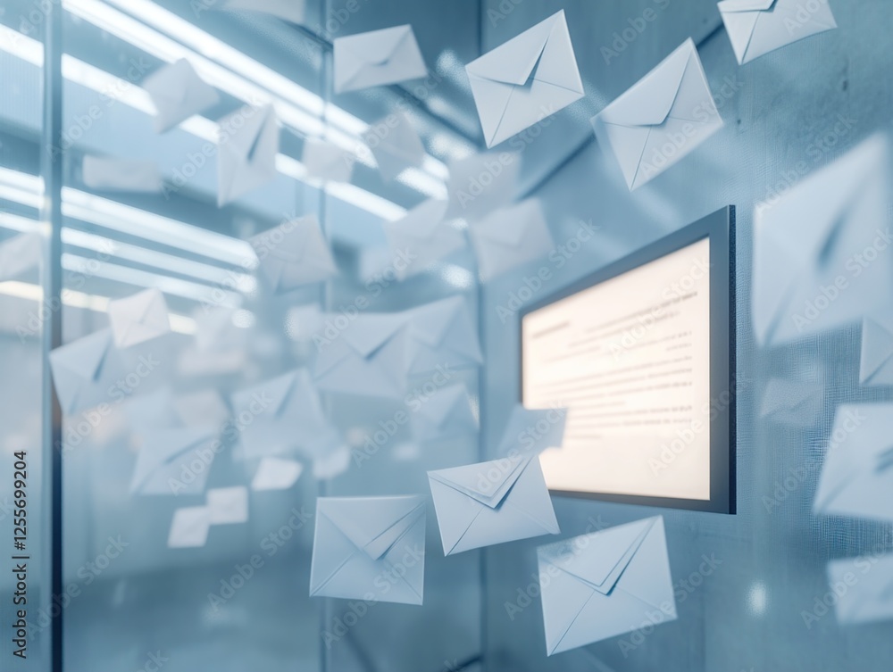 Poster digital communication: envelopes fly across screens, modern messaging systematically transmits infor