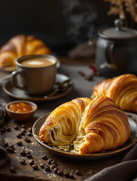 Savor a flaky croissant with warm coffee and jam in a cozy, inviting atmosphere