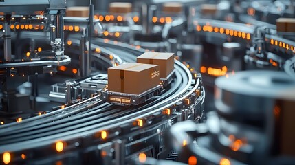Courier Convenient Loading Standards, Automated Conveyor System Transporting Boxes in Futuristic Logistics Warehouse
