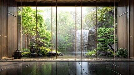 Scenic Japanese-style courtyard with a small waterfall, bonsai trees, and a bamboo fence.