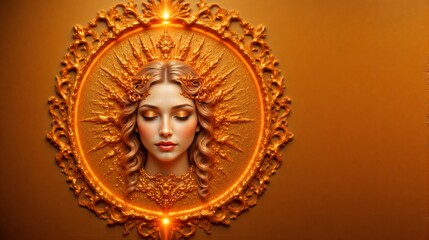 Divine feminine portrait with intricate golden frame, radiating beauty and spiritual essence