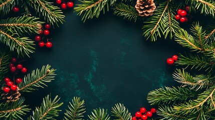 Festive evergreen frame, berries, pine cone