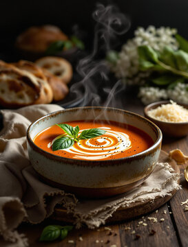 Savor the Delicious Tomato Soup topped with Cream and Fresh Basil for a delightful experience