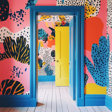 A doorway in a home decorated in bold vibrant colours and patterns, dopamine decor style, maximalism and scandi vibes with bright natural light. Square format
