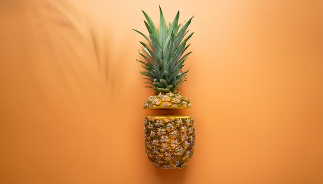 palm leaves comming out of the sliced pinaple fruit on an orange pastel background creative summer time nature idea