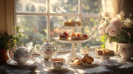 An afternoon tea table by a large window with sunlight streaming in, fine porcelain teapots, tiered trays of finger sandwiches and cakes, pastel floral prints on china, cozy and inviting atmosphere,