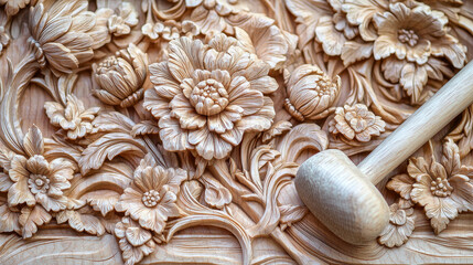 Intricate wood carving with floral designs and chisels in progress