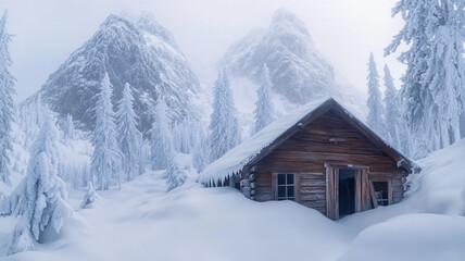 Fototapeta premium A mysterious abandoned wooden cabin buried in thick snow, surrounded by towering mountain peaks and frozen pine trees.