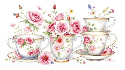 Fototapeta premium Pretty Pink Roses Teacups Floral Still Life Illustration