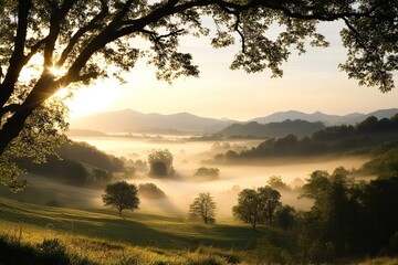 Fototapeta premium Misty sunrise over a serene valley with distant mountains and lush greenery
